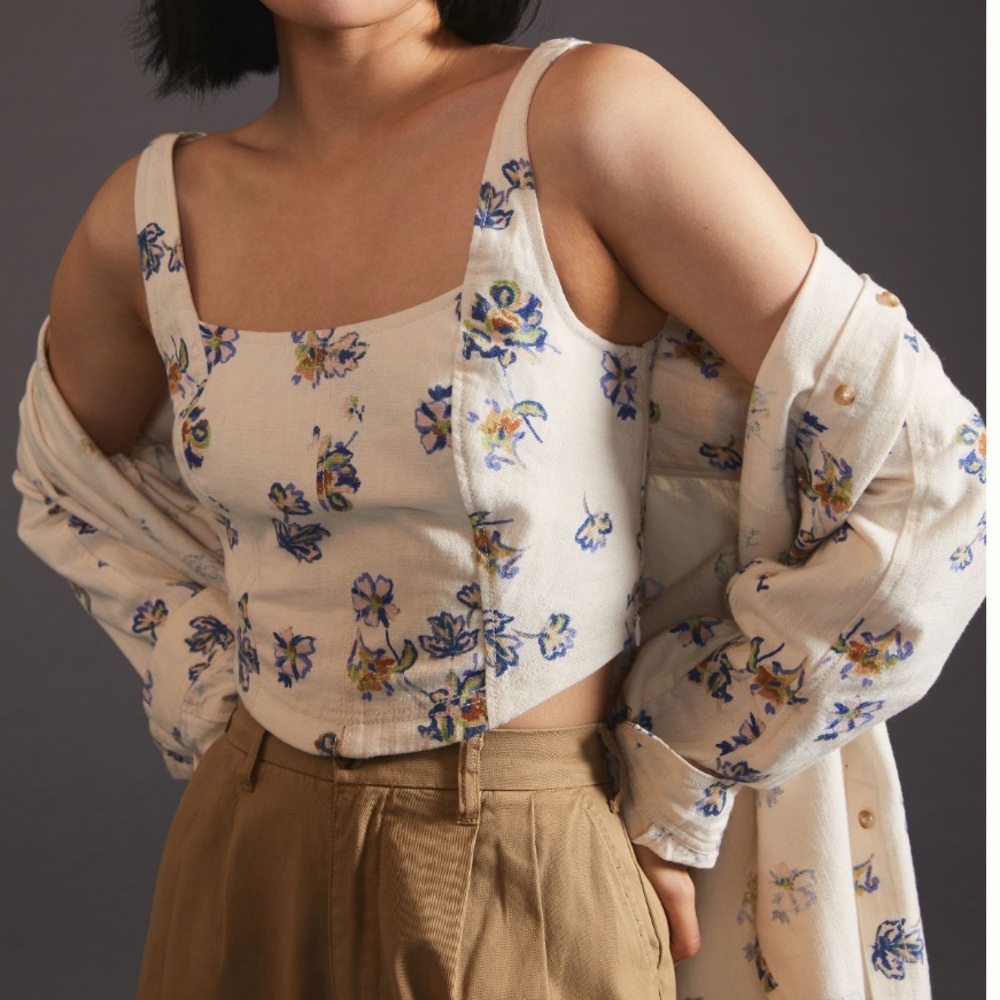 Pilcro Floral Print Top - Cream and Blue